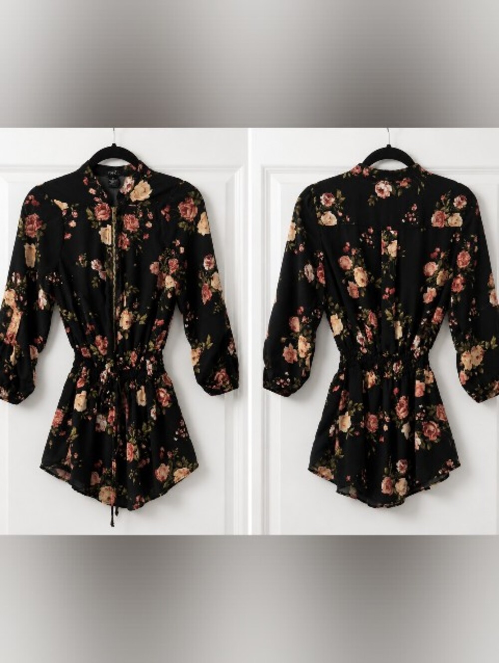 rue21 Black Floral Zip Front Smocked Waist Tunic Top Whimsygoth Cottagecore M